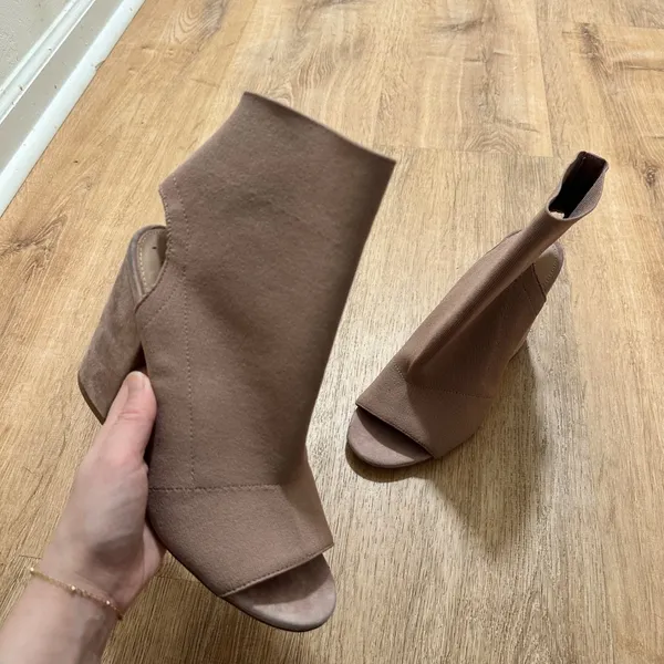 Steve Madden | Ferris Mauve Taupe Knit Peep Toe Sock Block Heel Boot Shoe, 9.5M - Image 2