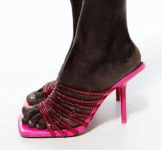 ZARA Hot Pink Rhinestone Embellished Vinyl Sequin Strappy Open Square Toe High Heels Sandals Mules - Image 13
