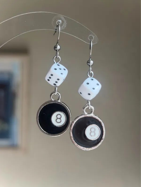 Handmade y2k funky grunge style 8 ball & dice dangle earrings 🎲🖤💕 - Image 7