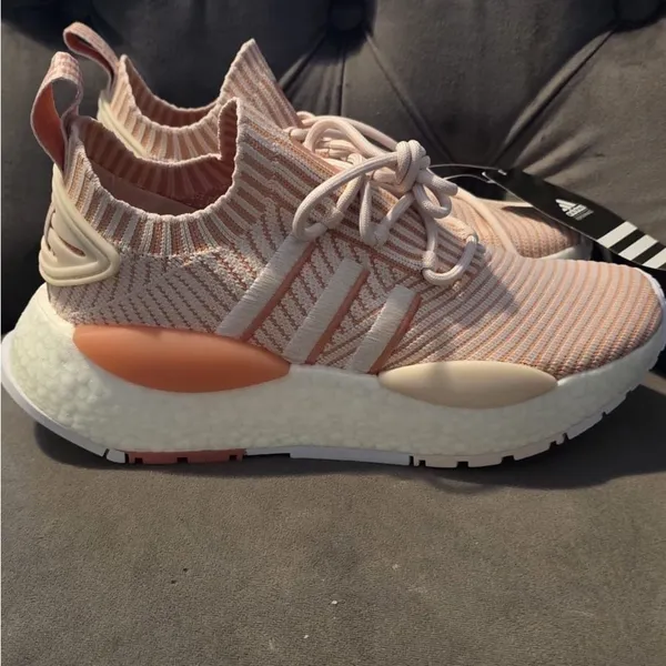 Adidas Peach and White Striped Sneakers - Image 12