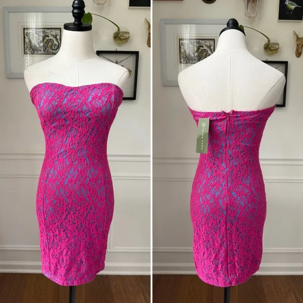 NWT Trina Turk Strapless Bodycon Mini Dress Hot Pink Lace Turquoise Lining Dress - Image 2