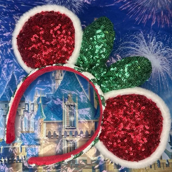 Disney parks holiday Christmas peppermint fur lined Minnie Mouse ears - Image 3