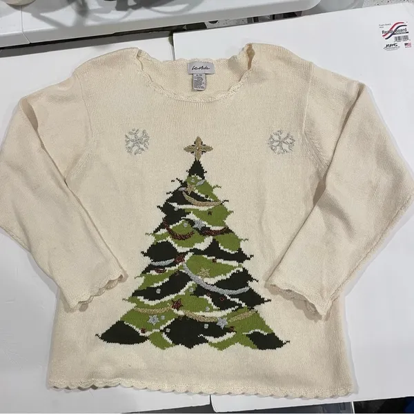 Vintage cream Christmas tree Grannycore coastal grandma scallop neck sweater 🎄 - Image 8