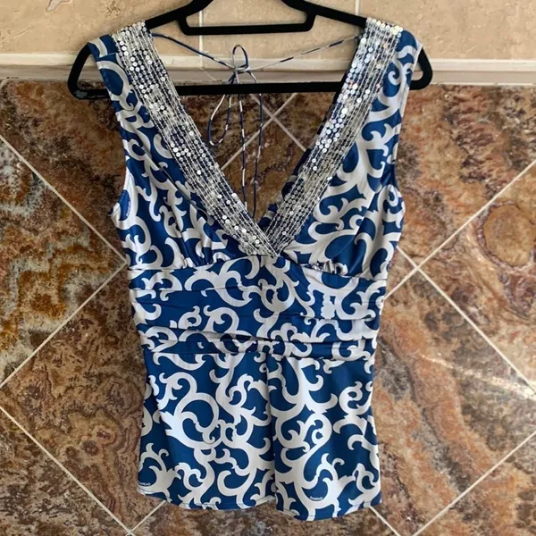 Vintage Y2K Bebe Blue Silver Sequin Silk V-Neck Blouse Tie Back Small - Image 2