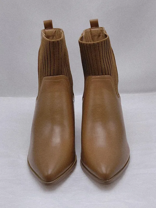 Women's Ankle Boots Size 6 Brown Sock Booties Chunky Heel Pointed Toe Casual - Image 2