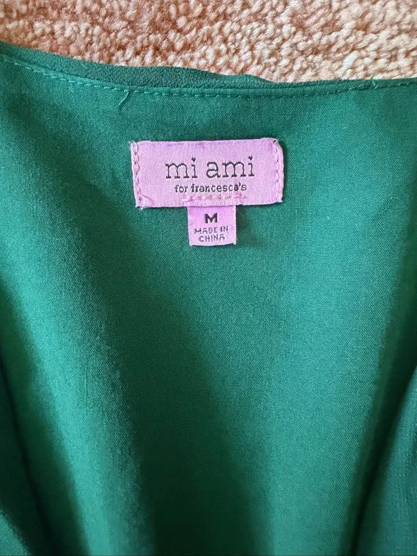Francesca’s Mi Ami Green Peplum Blouse Size M Deep V Neck Long Sleeve - Image 2