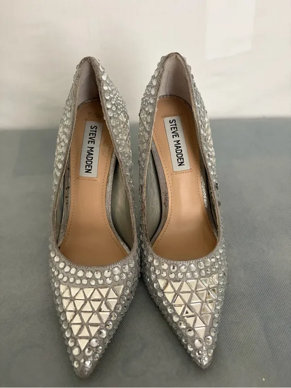 Steve Madden Women Rhinestone Pumps Silver Pointed Toe Heels Sz 6M Vivid-S(B261) - Image 6