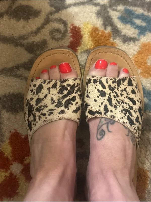 Chinese Laundry Regina / Moonshine Cow Print Calf Hair Slide Sandals - Image 4