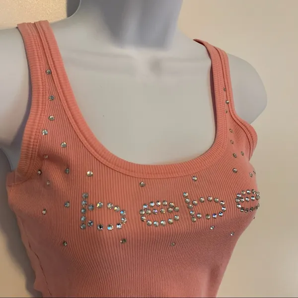 bebe Coral Pink Embellished Ribbed Tank Top - Image 3