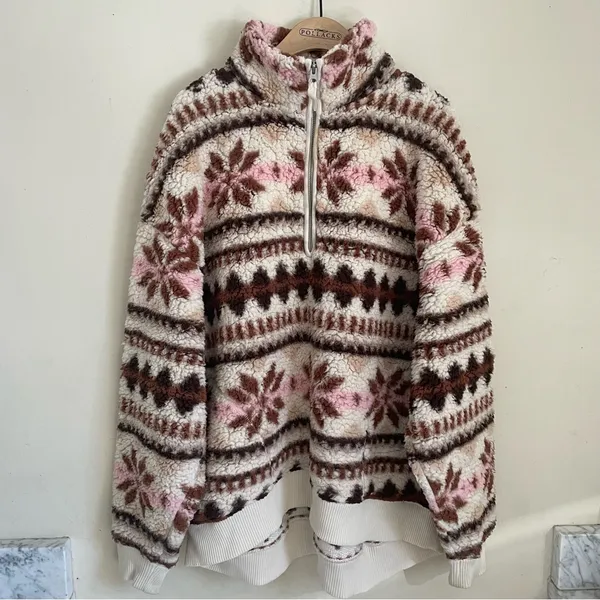 Aerie Sherpa Half Zip Pullover Snowflake Print Teddy Fleece Size M Pink Brown - Image 3