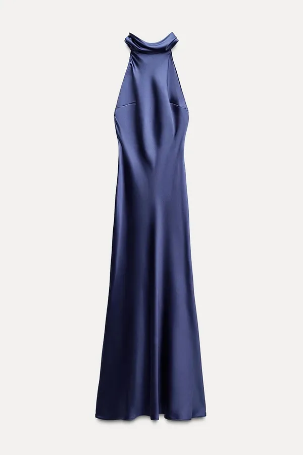 Zara maxi dress satin slip gown Elegant blue Halter formal party wedding prom - Image 15
