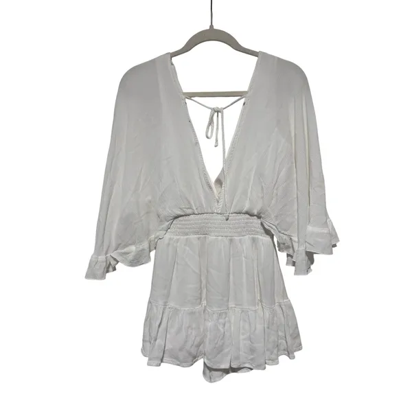White V-Neck Ruffle Sleeve Smocked Waist Blouse - Image 5