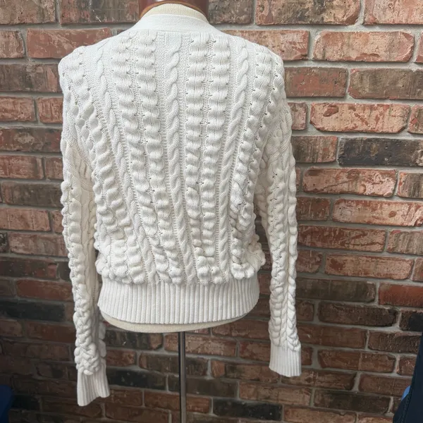 Ann Taylor Weekend Cardigan Chunky Knit Sweater Medium Soft White Cotton - Image 4