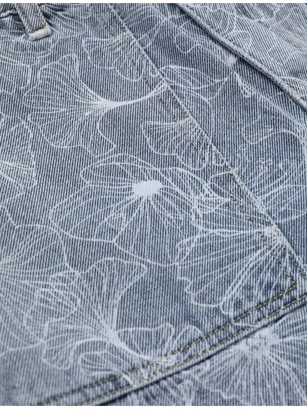 Cider Happy Hour Lotus Print Denim Mini Shorts High Rise Raw Hem Blue Size XL - Image 2