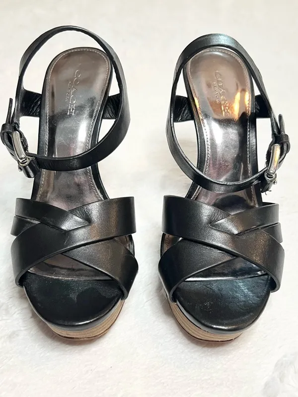 Coach Black Vegan Leather Crisscross Platform Stiletto Heel Dani Sandals Size 6 - Image 2