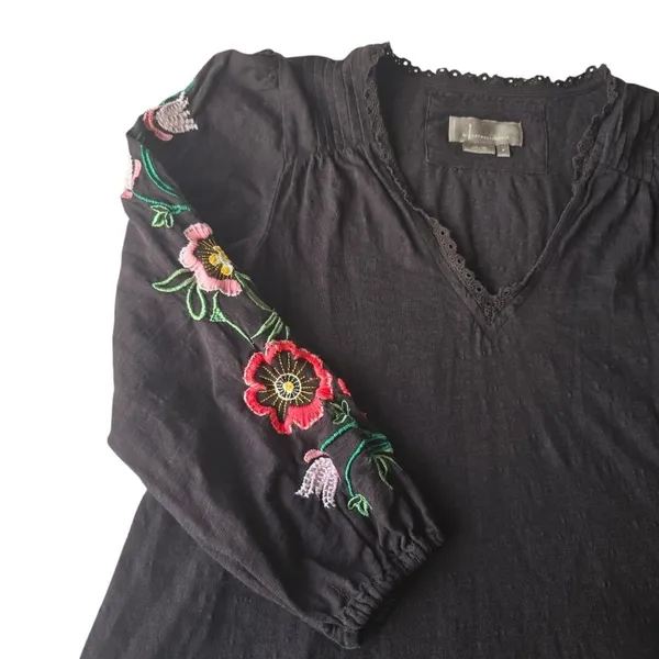 Anthropologie -531‎ Helene Embroidered Peasant Blouse Black Floral Size Small - Image 5