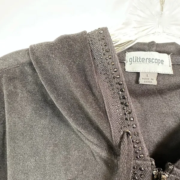 Glitterscape Black Velour Rhinestone Zip Up Hoodie Heart Zipper Pull Large - Image 7