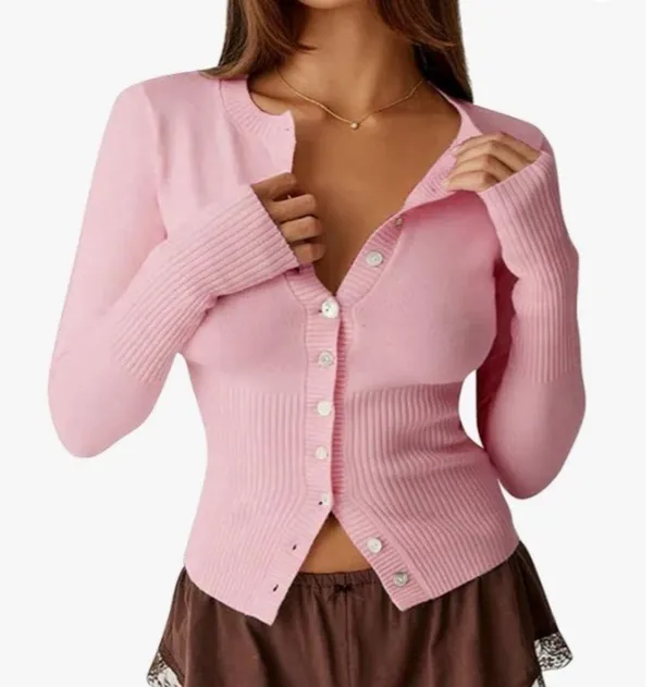 Amazon Pink Open Front Button Up Cropped Ribbed Knit Cardigan - Image 4