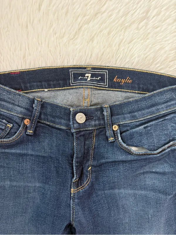 7 For All Mankind Kaylie Slim Bootcut Jeans Size 25 Blue Wash Raw Hem - Image 3