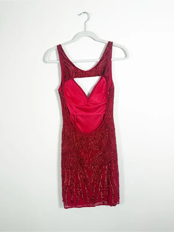 Scala 48608 Beaded V-neck Red Sequin Open Back Silk Mini Dress Size 4 - Image 3