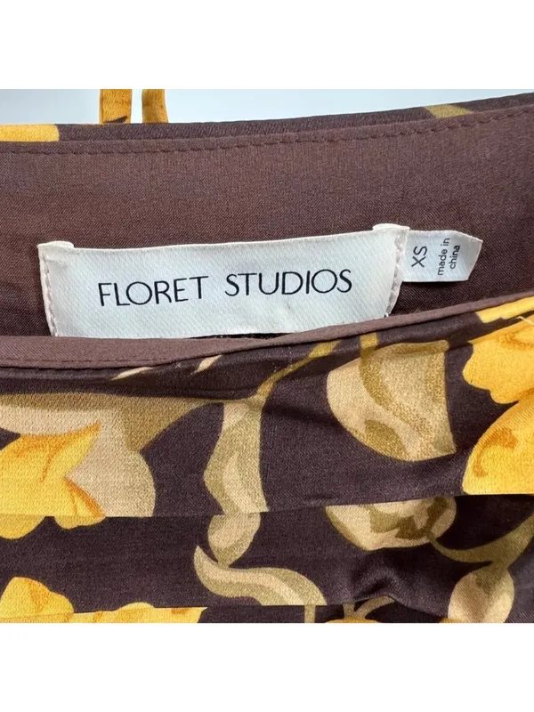 Floret Cottagecore Dark Floral Ruched Square Neck Dress Yellow Brown XS NWOT - Image 4