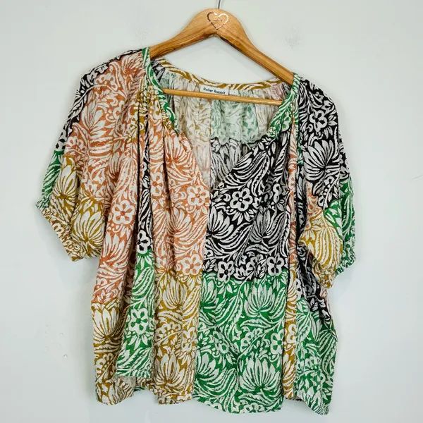 Roller Rabbit mixed print orange green brown &white boho patterned cotton top. L - Image 2