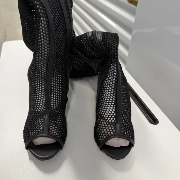 Bamboo Black Fishnet Mesh Thigh High Boots Rose Gold Block Heel Open Toe Size 8 - Image 5