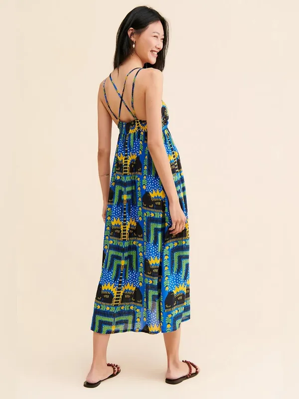 Antrhopologie Incerti midi dress small bandeau strappy blue black cat print - Image 3