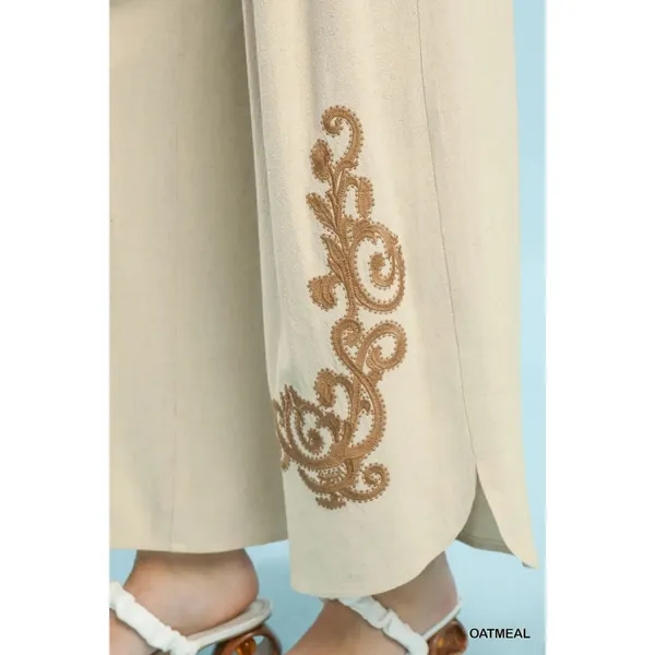 Umgee‎ Linen Embroidered Wide-Leg Boho Pants - Medium - Image 4