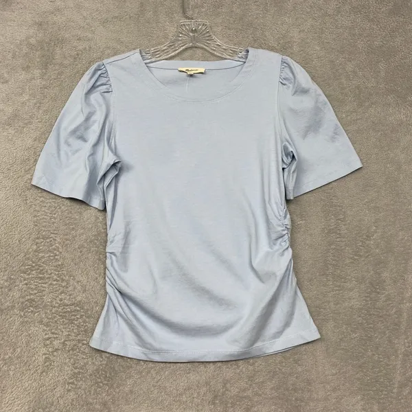 Madewell Top Womens‎ XS Blue Crewneck Puff Sleeve Ruched Cotton T Shirt NU869 - Image 4