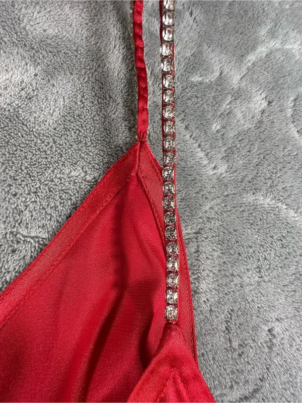 2 Express Red Silver sequin Satin V-Neck Cami Tops L XL Rhinestone-Strap Accent - Image 6