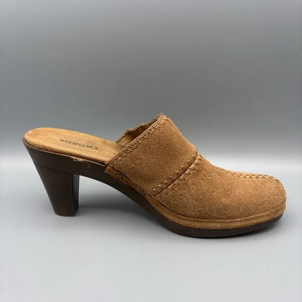Sonoma Heels Clogs Size 8 Juliette Tan Suede Patchwork Shoes Mules Boho Hippie - Image 3