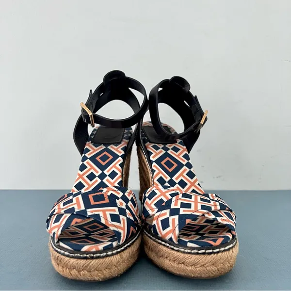 Tory Burch Criss Cross Blue & Orange‎ Canvas Espadrille Jute Wedge Sandals - Image 2