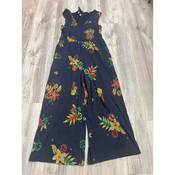 Toad&Co Womens Navy Blue Tropical Floral Smocked Wide Leg Jumpsuit Large Pockets - Image 2