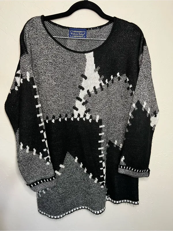 Willow Ridge Black Gray Patchwork Stitch Oversized Grandma Core Sweater Size M - Image 2