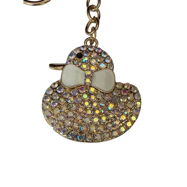 Rhinestone Ducky Bag Tag Key Ring Charm White - Image 3