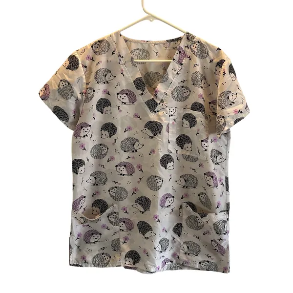 Purple floral hedgehog scrub top vintage L/XL hospital nurse medical - Image 2