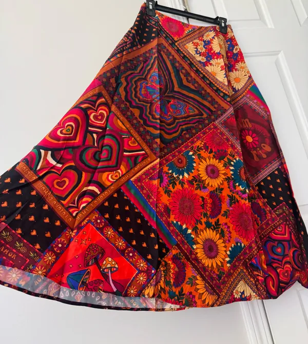 Farm Rio Mixed Prints Satin Slip Midi Skirt, Size S - Image 3