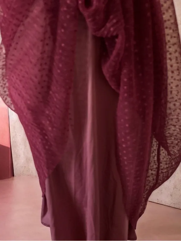 ZARA Burgundy Swiss Dot Mesh Midi Dress Small Sheer V-Neck Ruffle - Image 7