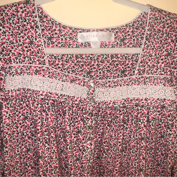 Eileen West Pink Embroidered Floral Nightgown S Cotton Long Sleeve Ruffle Lace - Image 6