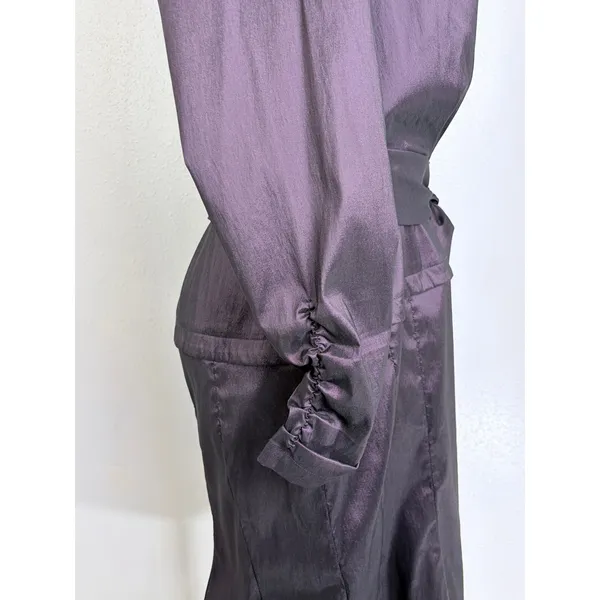Tadashi Collection 14 Dark Purple Satin Wrap Midi Dress Ruched Cuffs - Image 9