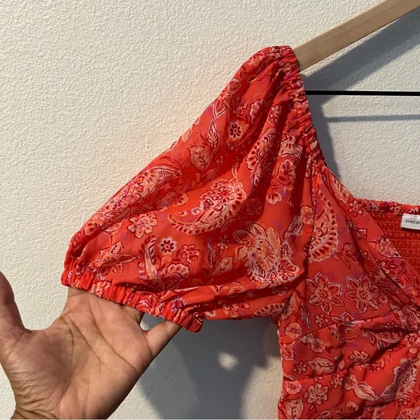 Sincerely Jules Vibrant Coral Paisley Print Chiffon Sweetheart Mini Dress Size S - Image 3