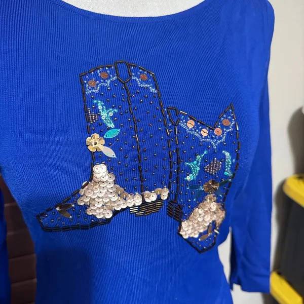 VTG Sweaterworks Top Beaded Sequined‎ Royal Blue Knit Cowboy boots Cowgirl sz S - Image 2