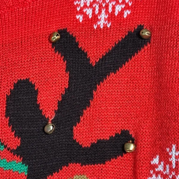 Merry Christmas Reindeer‎ Ugly Christmas Sweater Red Sequin Glasses Bells S/M - Image 6