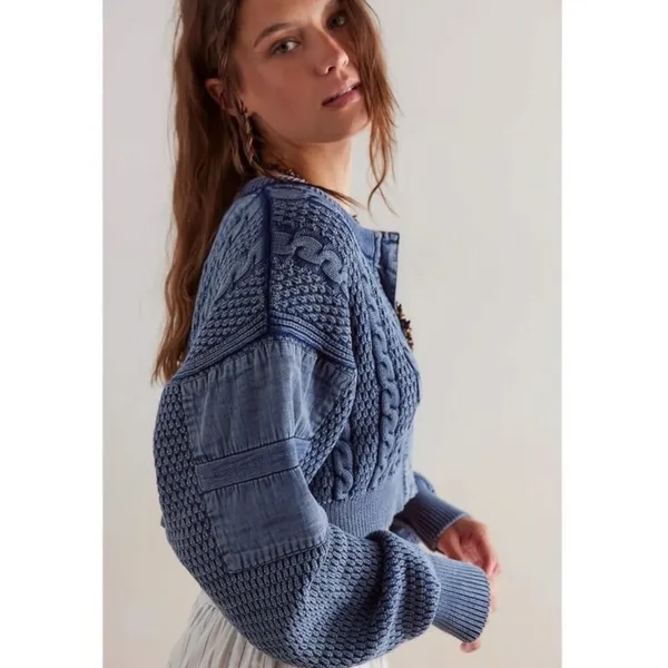 Free People Patchwork Chunky Cable Knit Heritage Cardi Cardigan Sweater Medium - Image 5