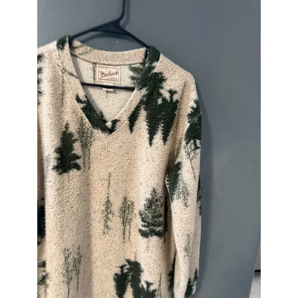 Woolrich Vintage Pine Tree Sherpa Fleece Pullover V-Neck Cream Green Womens S - Image 2