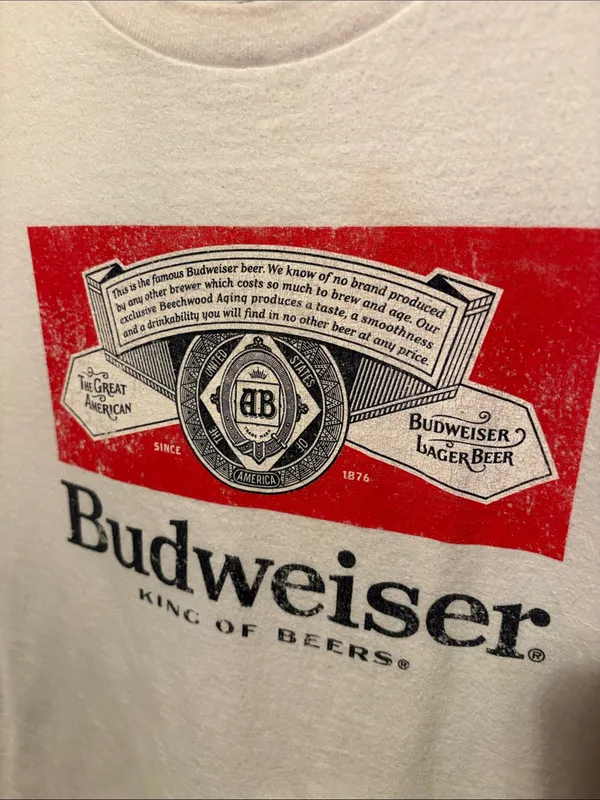 Budweiser White Tee with Red and Navy Logo Size Large Unisex - Image 6