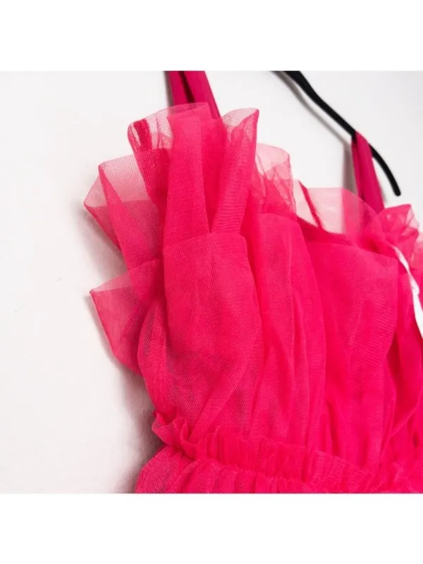 NWT Storia Tulle Tiered Mini Dress M Pink Babydoll Ruffle Satin Strap - Image 8
