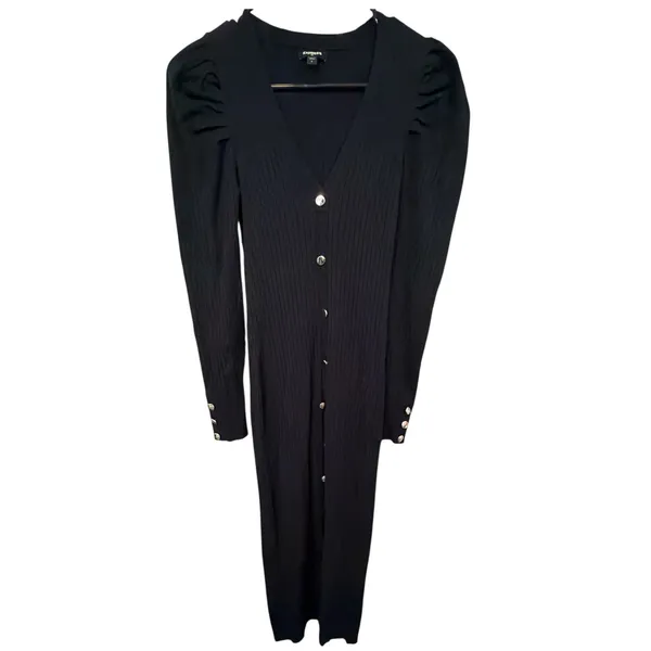 Express‎ Womens Black Ribbed Knit Puff Shoulder Gold Button Midi Dress Small - Image 2