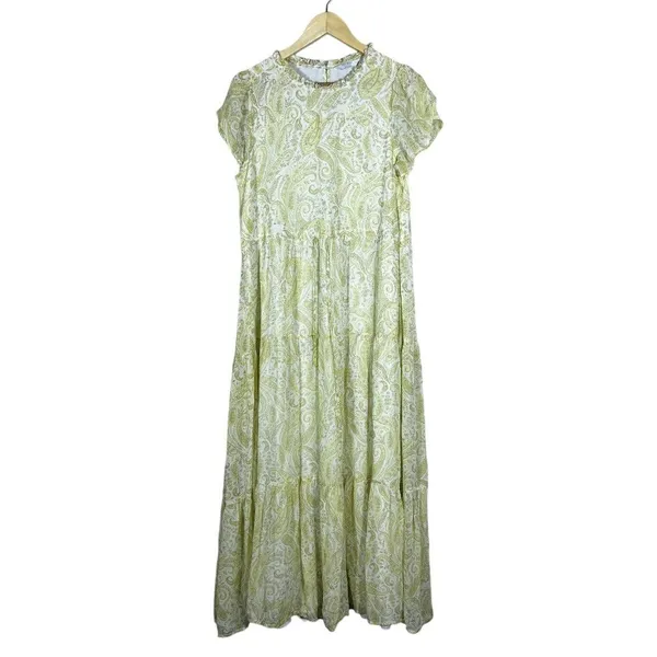 Lucky Brand Ariel Tiered Paisley Maxi Dress Yellow Boho Flutter Sleeve Size S - Image 3